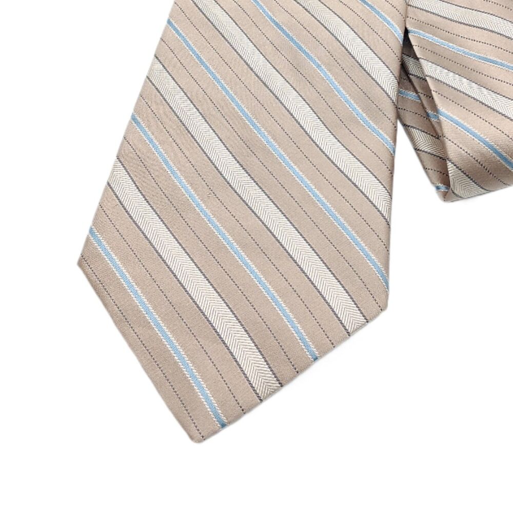 Calvin Klein Silk Repp Tie Mens 59.5” Taupe Blue Thin Stripe Designer Wide New
